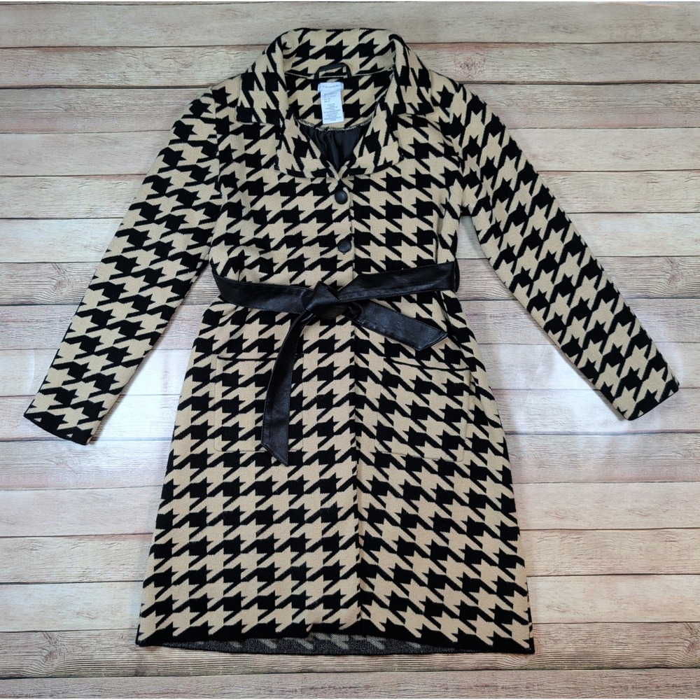 Tahari Houndstooth Coat Girls L 10/12 Tan Black Belted Knit Jacket Dark Academia